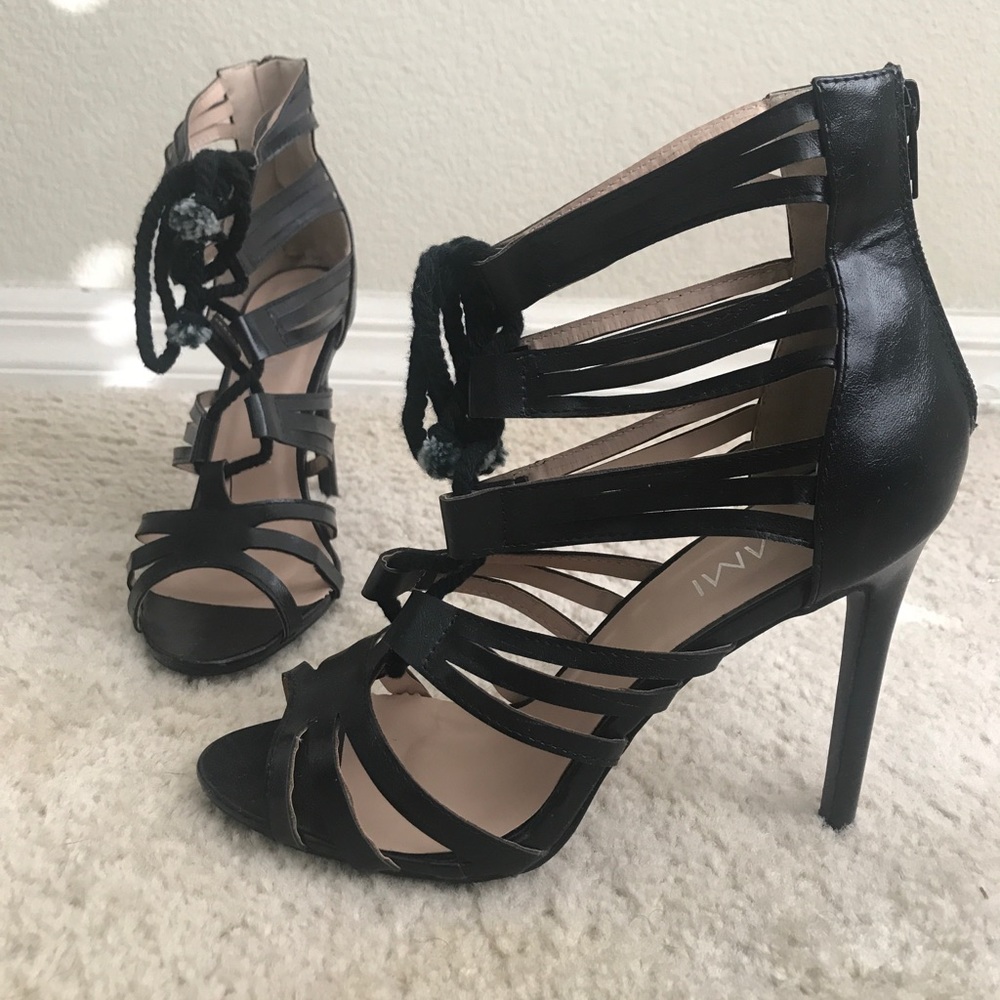 Black lace up open toe heels (4in)